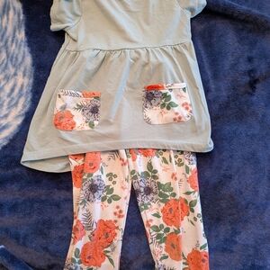 Girls Floral Pocket Tunic & Leggings Set - Mint and Coral